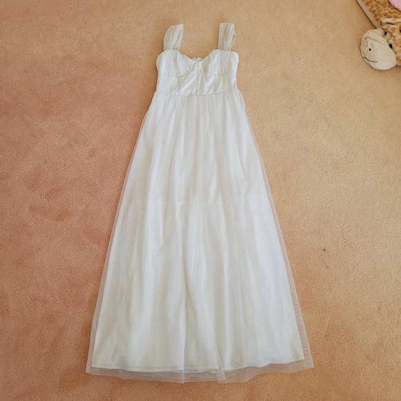 NEW CRYSTALL DOLL Gold Sparkle Glitter White Outer Mesh Sleeveless Maxi Dress - Picture 3 of 15